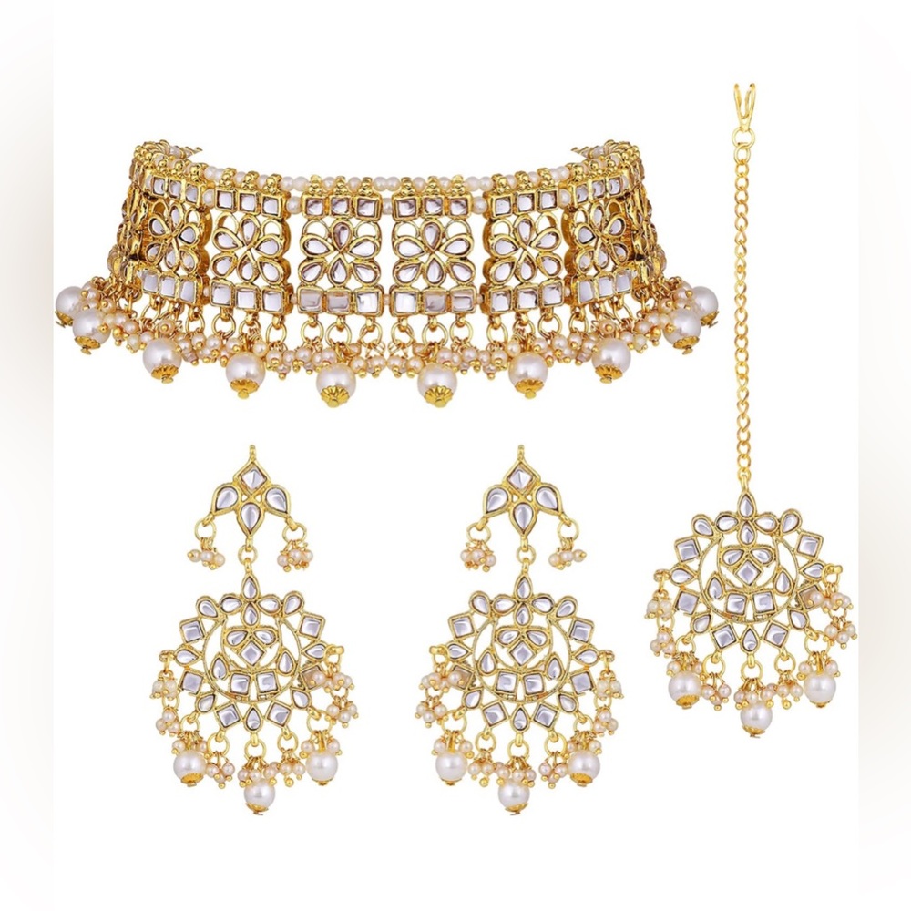 Gold Plated Kundan Jewelry Necklace With Earring Set For Women